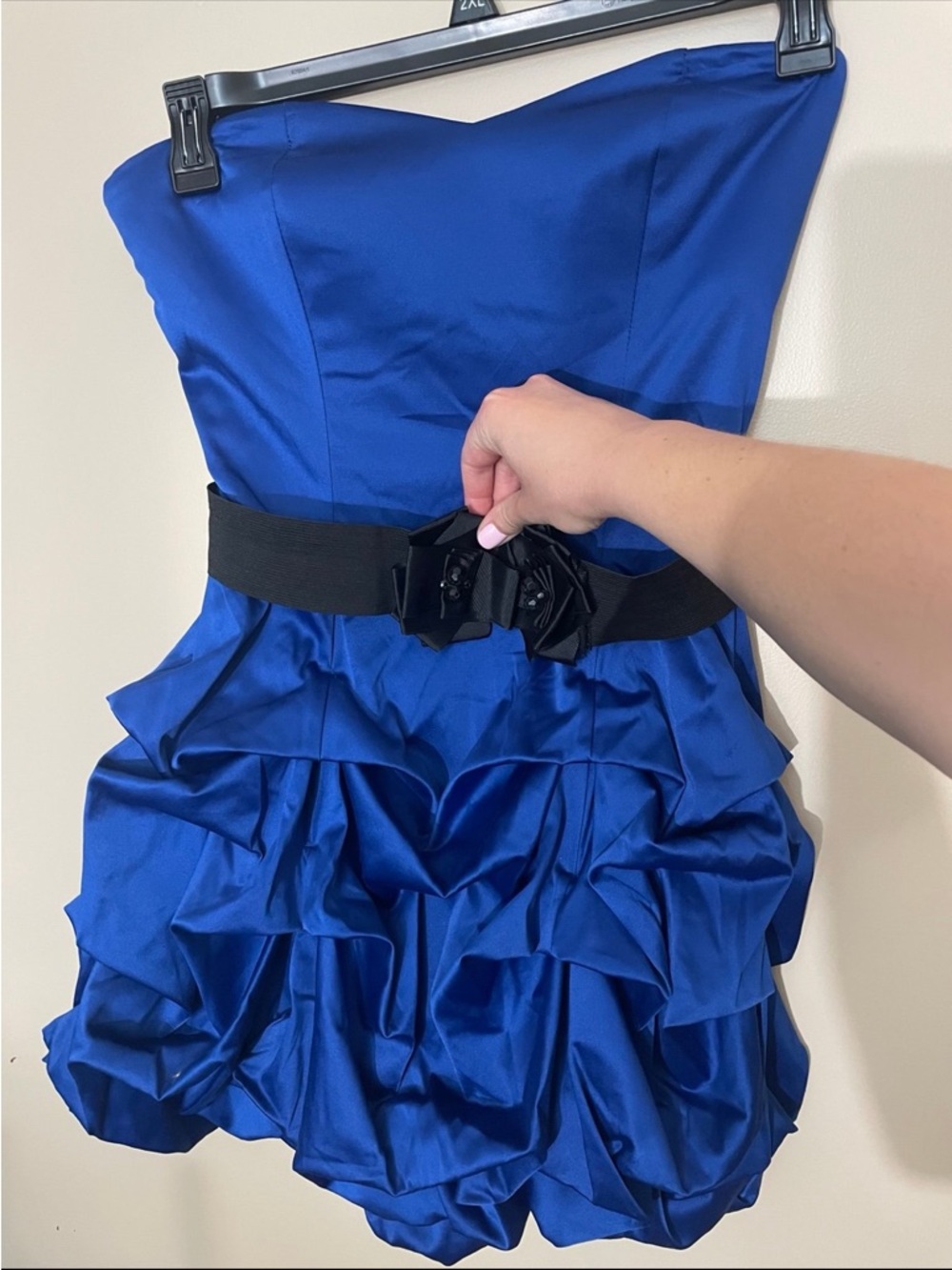 Strapless Royal Blue Ruffle Bubble Dress with Black Belt